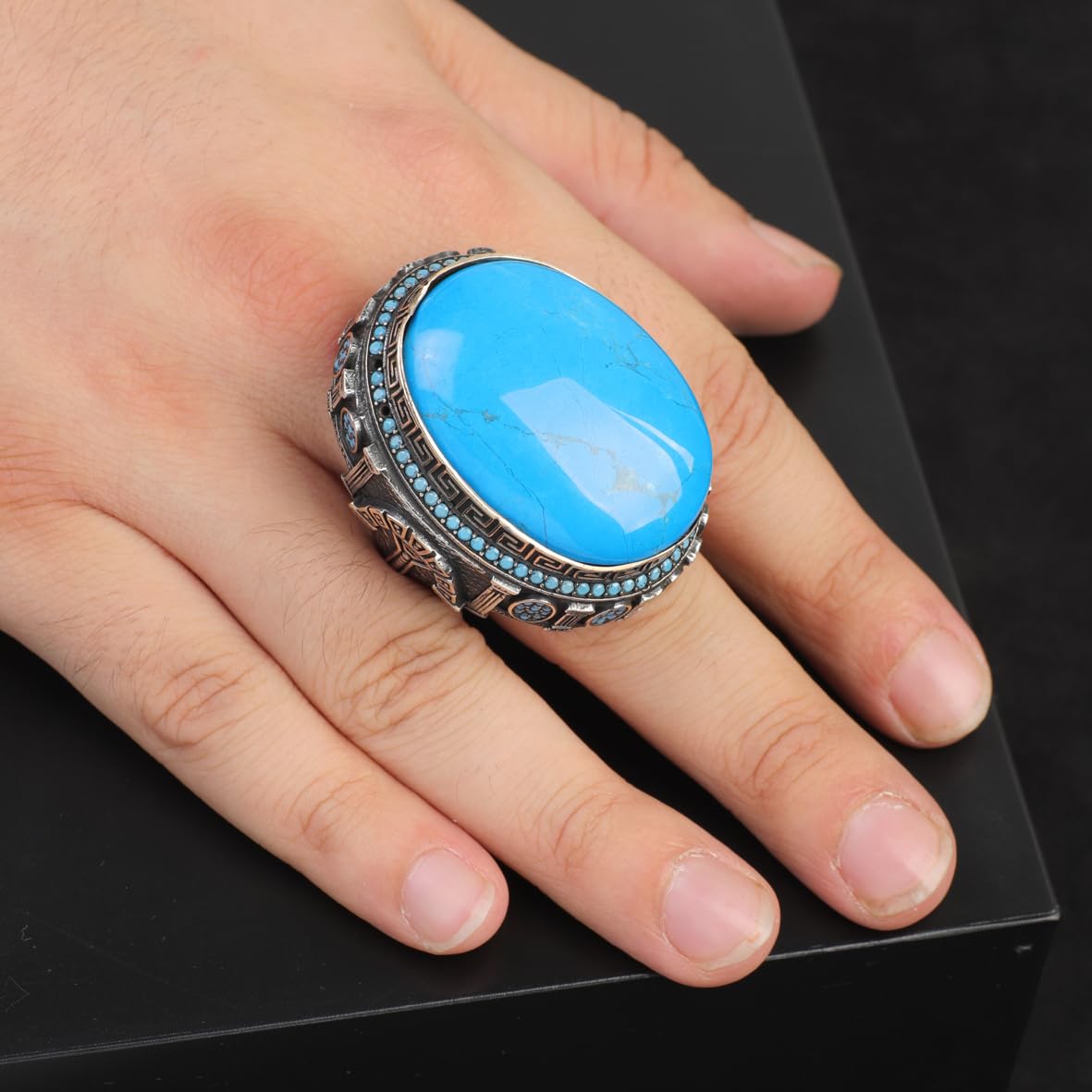 Turquoise Stone with Micro Stone – Large Oval Vintage Men’s Ring in Polished 925 Sterling Silver