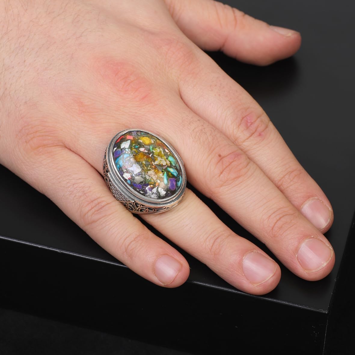 Turquoise Sterling Silver Ring for Men – Special Large Chunky Ring with Gemstone and Micro Sapphire – Ottoman Vintage Handmade Engagement Ring with Custom Engraving