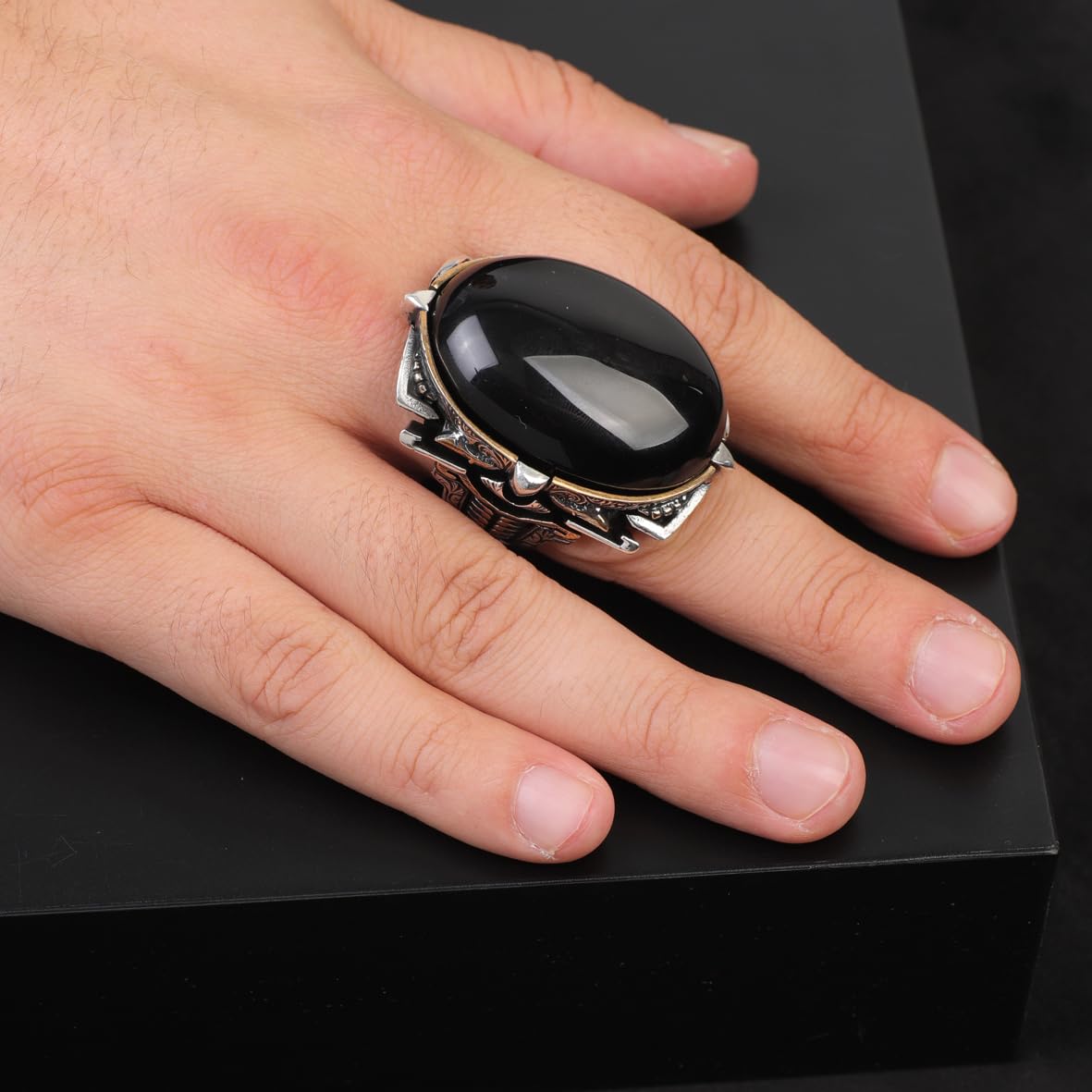 Black Onyx Ring for Men - Chunky Sterling Silver Engagement Ring