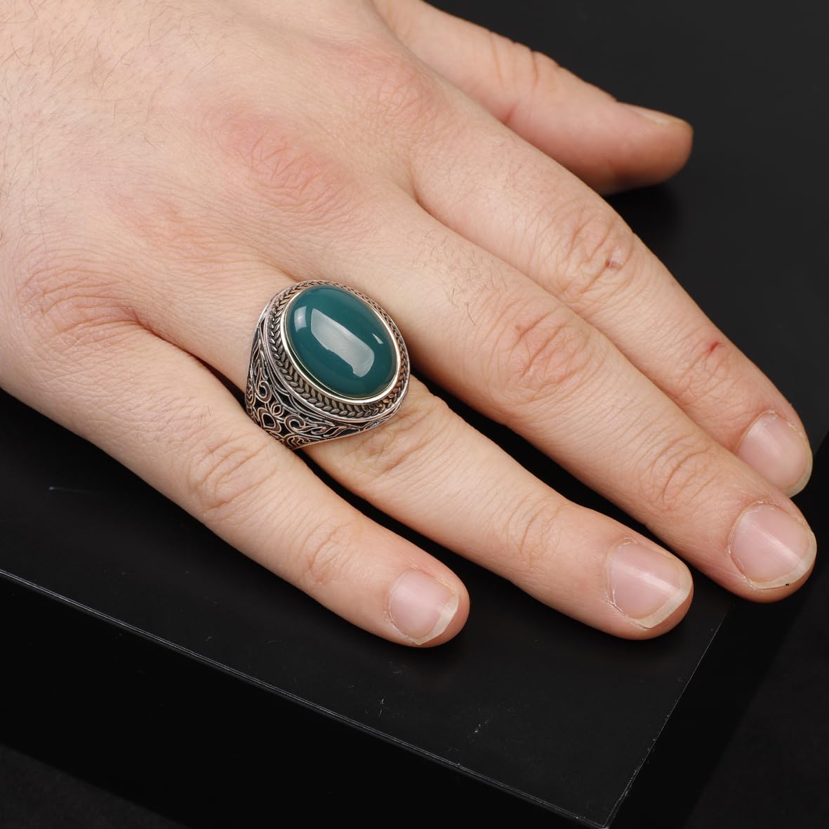 Handmade Jade Men's Ring - 925 Sterling Silver Gemstone Jewelry with Silver Polishing Cloth Gift - Engraving Ring