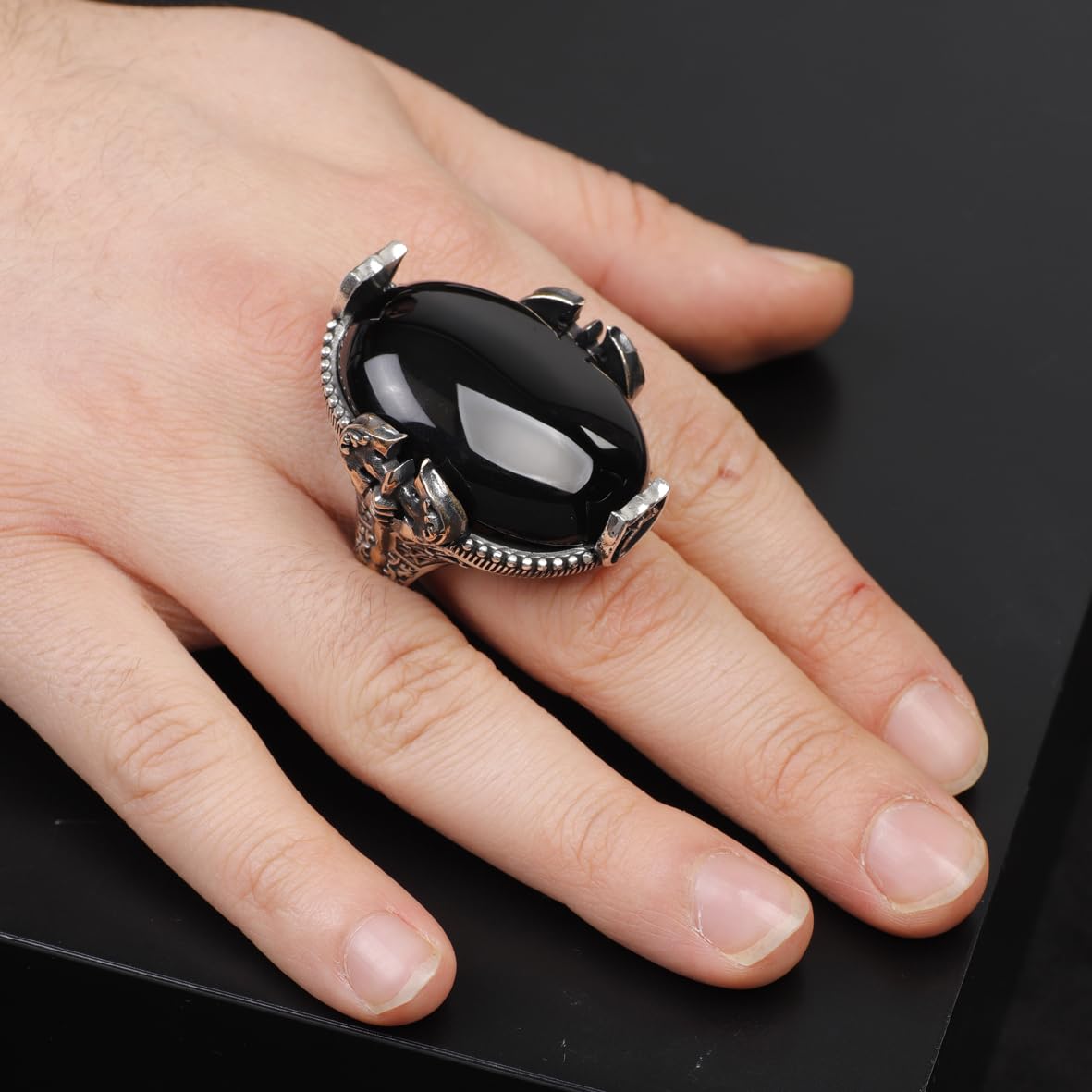 Handmade Large Black Onyx Ax Ring - 925 Sterling Silver Men's Gemstone Jewelry with Silver Polishing Cloth Gift