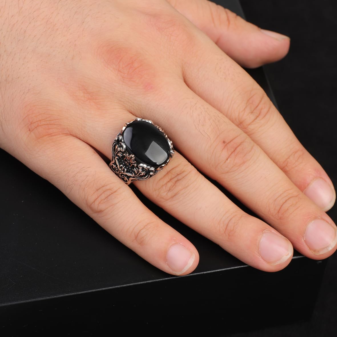 Handmade 925 Sterling Silver Black Onyx Oval Stone Ring - Vintage Polished Gemstone Engagement Ring for Men with Engraving and Silver Polishing Cloth Gift