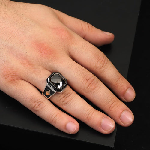 Black Onyx Vintage Men's Gemstone Ring - Handmade 925 Sterling Silver Turkish Engagement Ring with Polished Finish and Silver Polishing Cloth Gift Included