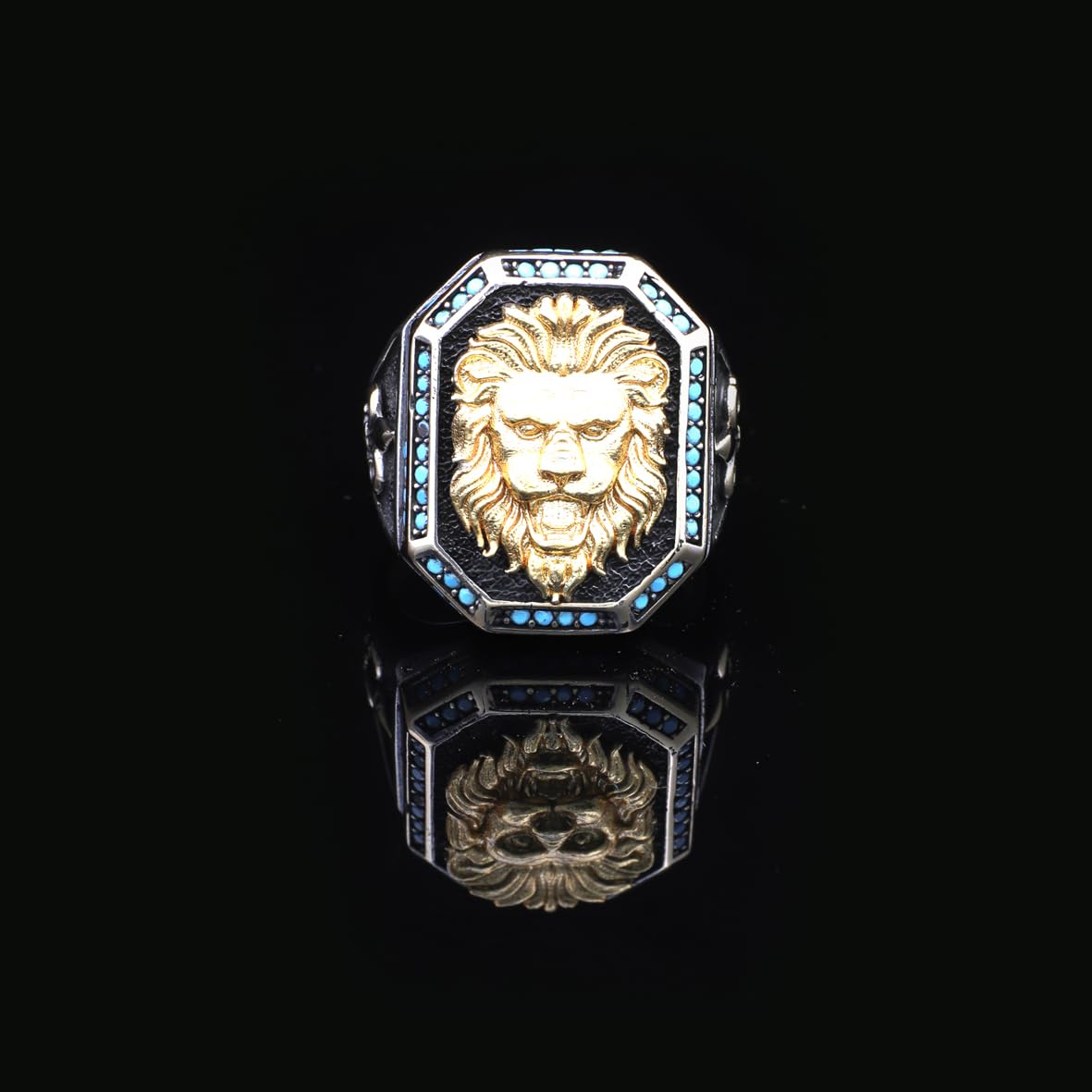 Men's 925 Sterling Silver Lion Ring with Turquoise - Men's Lion Ring in 925 Sterling Silver - Birthday Gifts