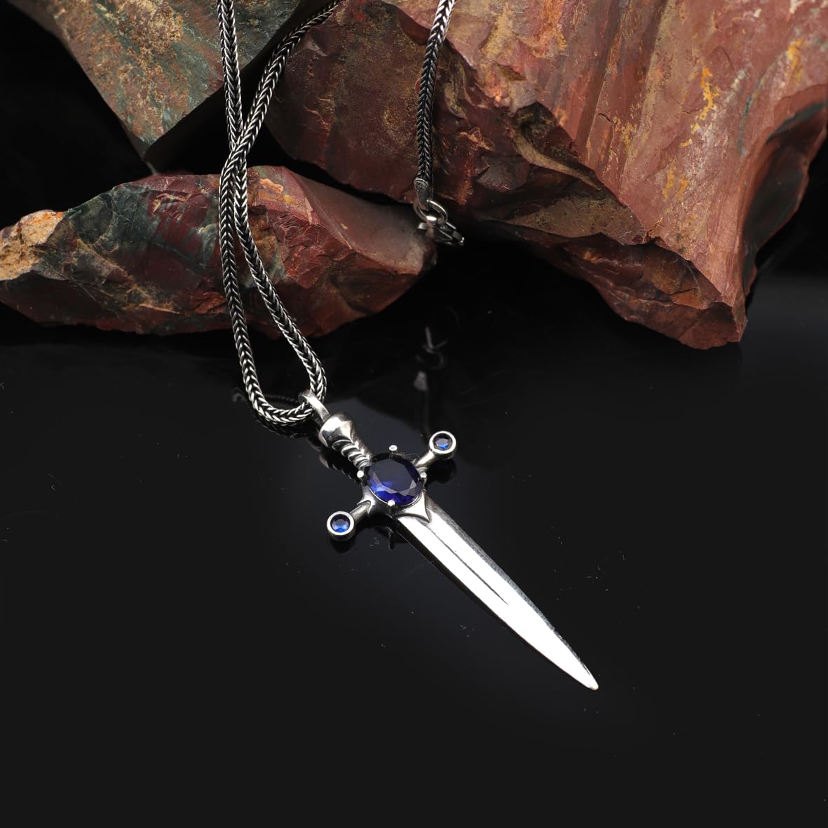 Sapphire Sword Necklace for Men in Sterling Silver – Gothic and Biker Pendant