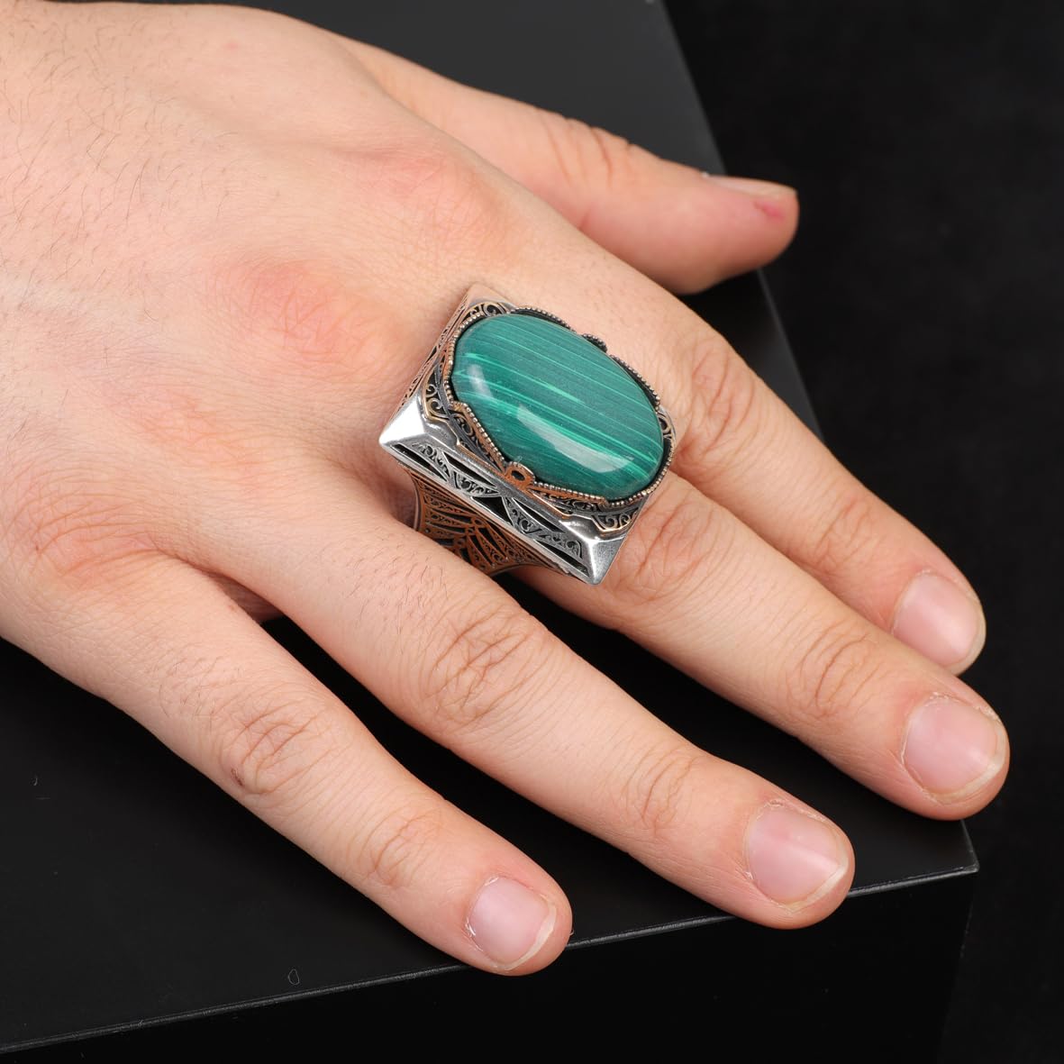 Malachite Ring - Oval Large Gemstone Ring Ottoman Men Vintage Handmade 925 Sterling Silver Rings for Men with Silver Polishing Cloth Gift