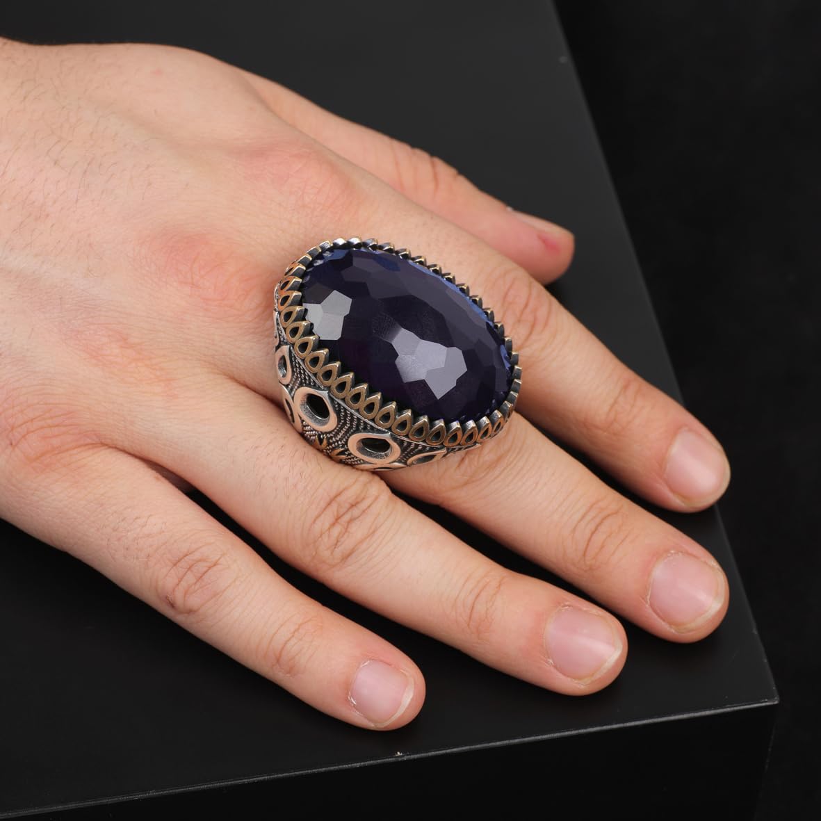 Men's Blue Sapphire Ring - Oval Gemstone in Large Ottoman Design - Handmade 925 Sterling Silver Ring with Silver Polishing Cloth Gift