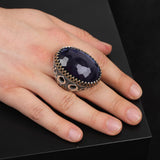 Men's Blue Sapphire Ring - Oval Gemstone in Large Ottoman Design - Handmade 925 Sterling Silver Ring with Silver Polishing Cloth Gift — image 2