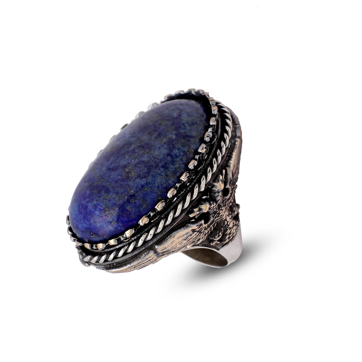 Vintage Lapis Lazuli Eagle Ring for Men - Large Oval Stone 925 Sterling Silver Turkish Handmade Polished Engagement Ring with Silver Polishing Cloth Gift