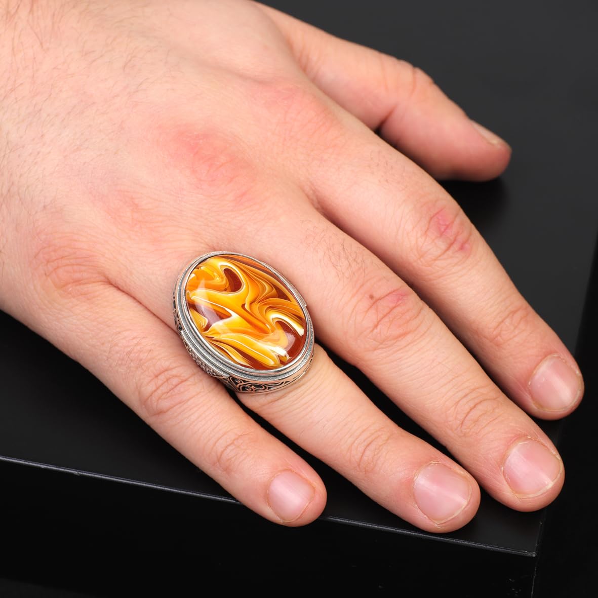 Squeeze Amber Ring – Large Chunky Sterling Silver Ring with Micro Sapphire Stone
