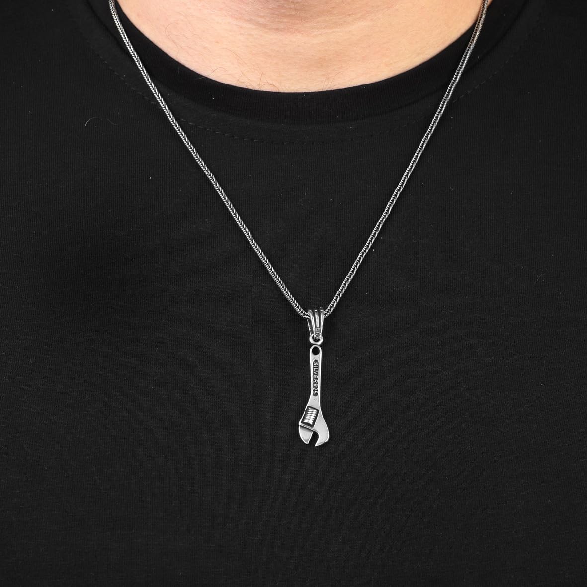Men's Silver Men’s Wrench Pendant Necklace - Sterling Silver Gothic Biker Necklace with Silver Chain & Free Polishing Cloth