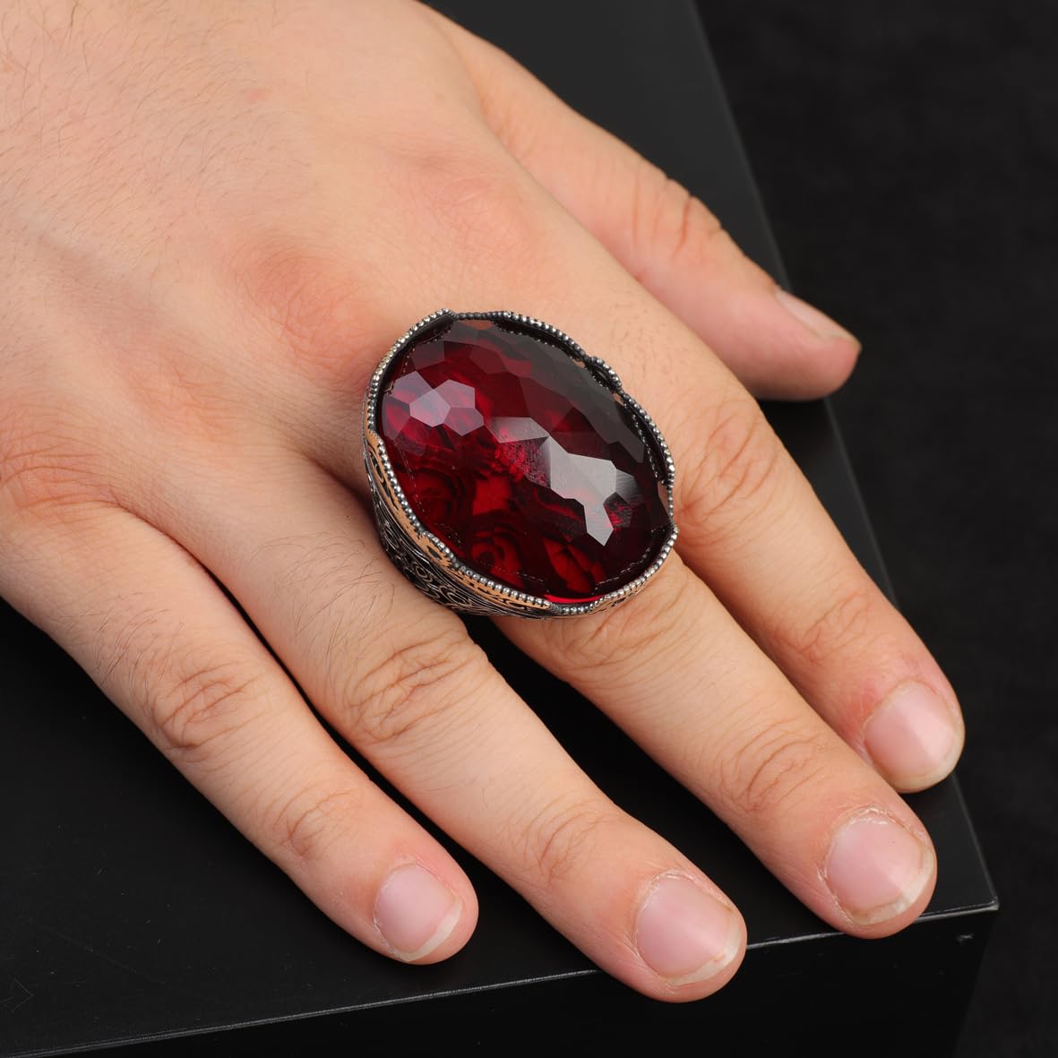 Garnet Ring with Large Oval Stone – Vintage 925 Sterling Silver Men’s Ring