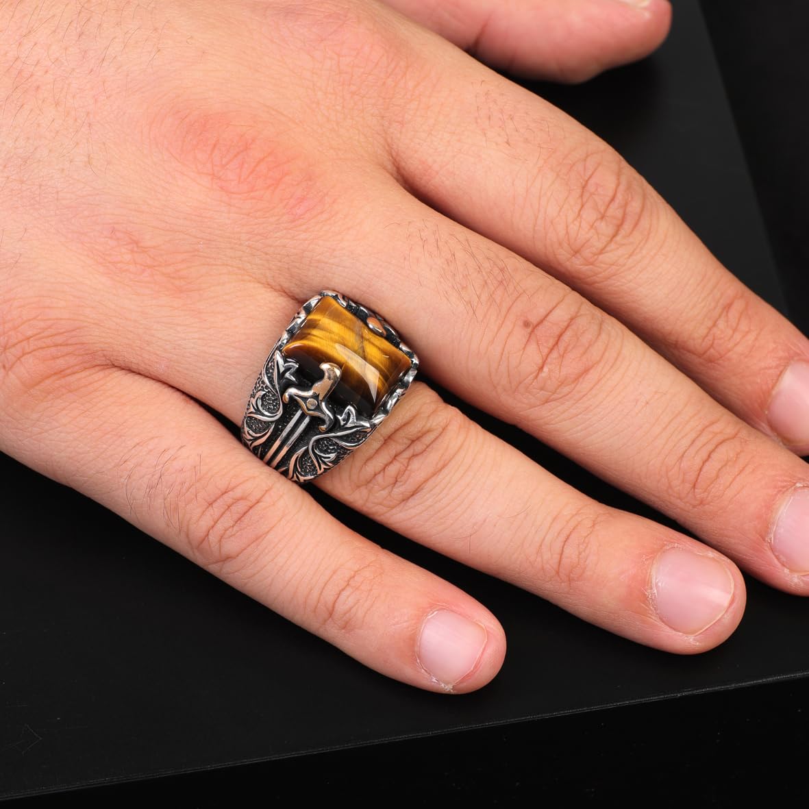 Men’s Tiger Eye Sterling Silver Sword Ring