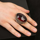 Handmade Garnet Ring with Oval Stone - Vintage Ottoman Style Men's 925 Sterling Silver Gemstone Ring + Silver Polishing Cloth Gift — image 2