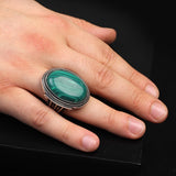 Vintage Malachite Oval Stone Ring for Men - Large 925 Sterling Silver Turkish Handmade Polished Engagement Ring with Silver Polishing Cloth Gift — image 2