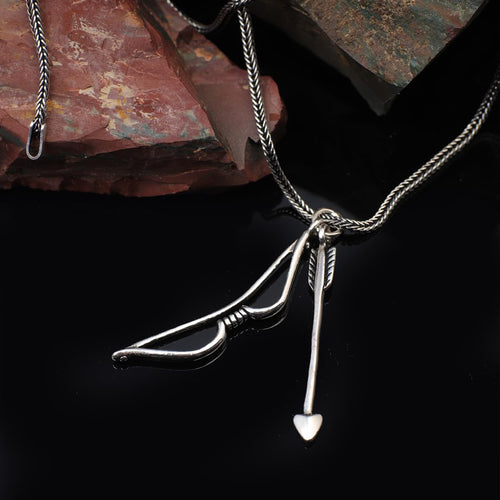 Bow Arrow Necklace - Polished Sterling Silver Biker Necklace - Mens Pendant on Silver Chain - Mens Necklace with Silver Cleaning Cloth Gift