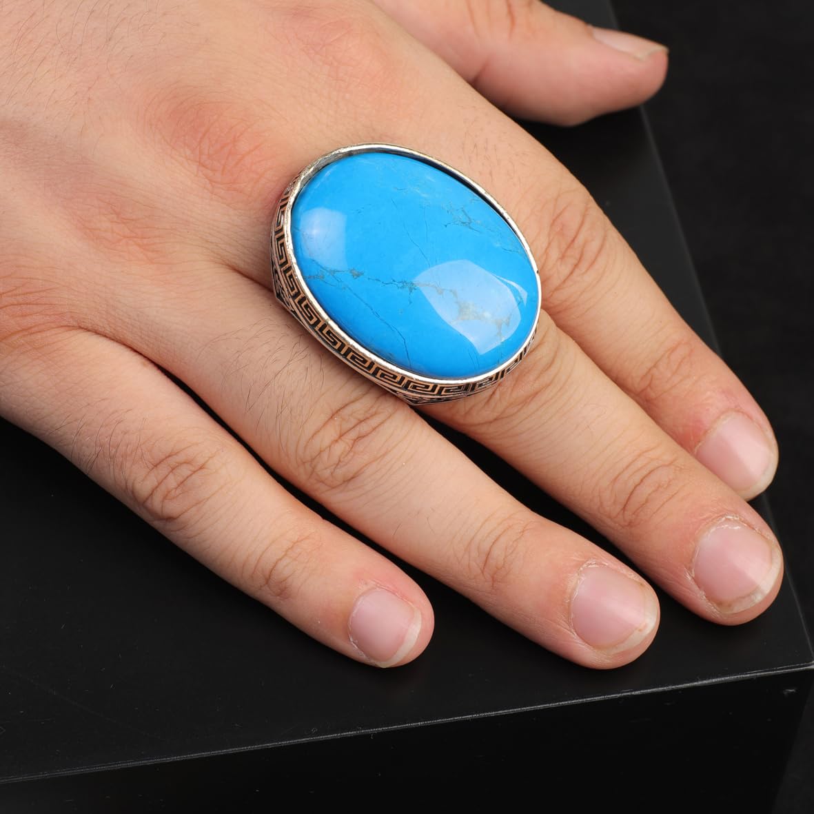 Handmade Turquoise Men’s Ring with Large Oval Stone – Vintage 925 Sterling Silver Engagement Ring