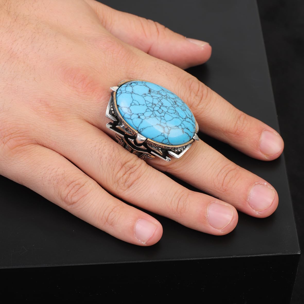 Handmade Men's Turquoise Ring – Chunky Sterling Silver Engagement Ring with Vintage Ottoman Design