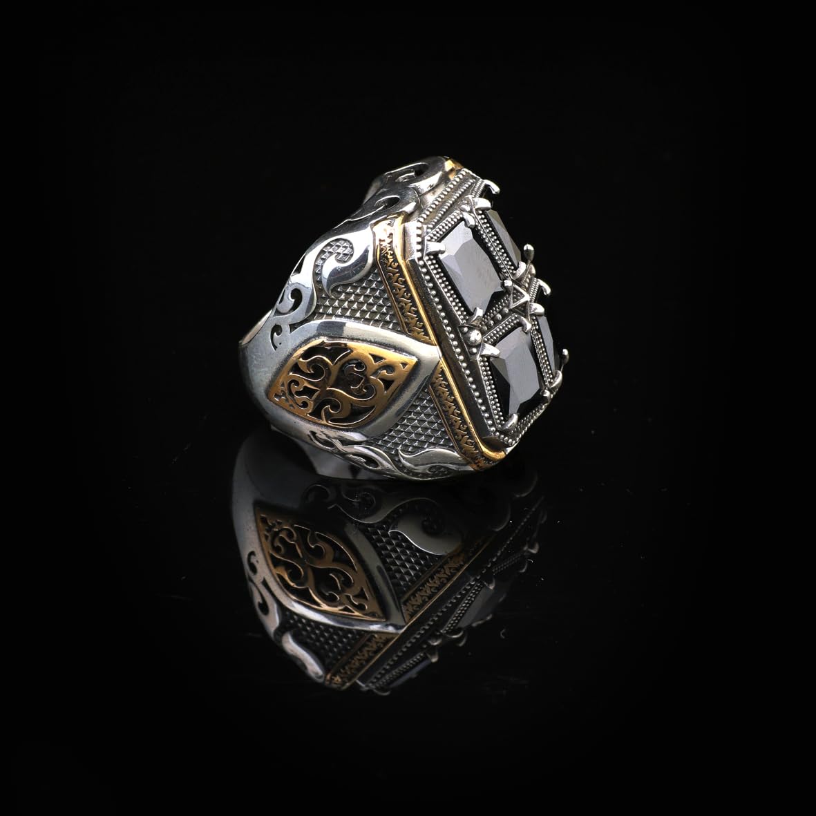 Black Onyx Ring Ottoman Style Large Statement Ring Vintage Sterling Silver Chunky Silver Gemstone Ring