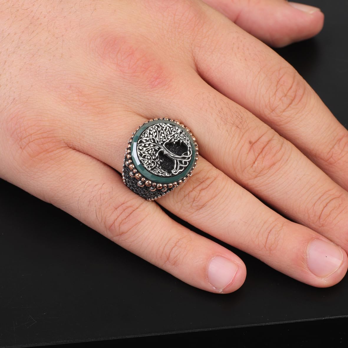 Tree of Life Jade Signet Ring - Sterling Silver Pinky Ring for Men with Gemstone