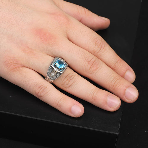 Aquamarine Ring - Vintage Style Men's Gemstone Engagement Ring