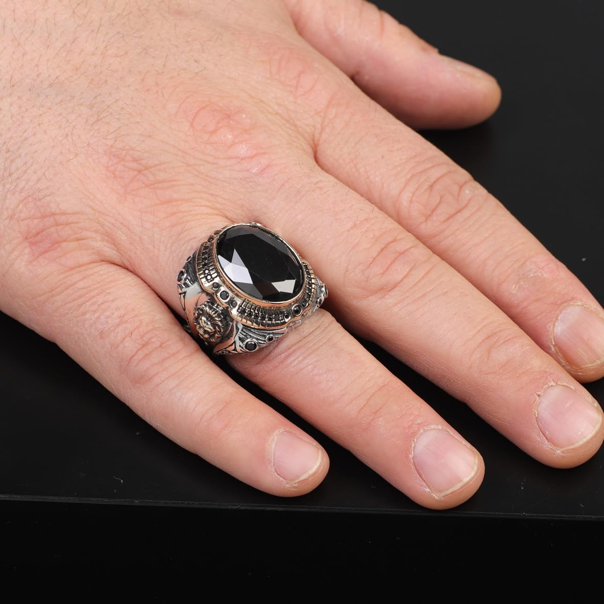 Men’s Lion Ring with Onyx Gemstone – Handmade Vintage Sterling Silver Animal Ring – Custom Engraved Engagement Signet Ring – Gift Silver Polishing Cloth Included