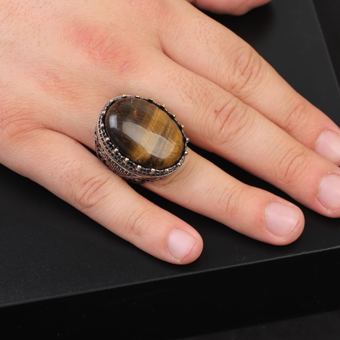 Men's Tiger Eye Engagement Ring with Micro Sapphire - Chunky Sterling Silver Handmade Ring in Vintage Ottoman Style with Custom Engraving & Gift Silver Polishing Cloth