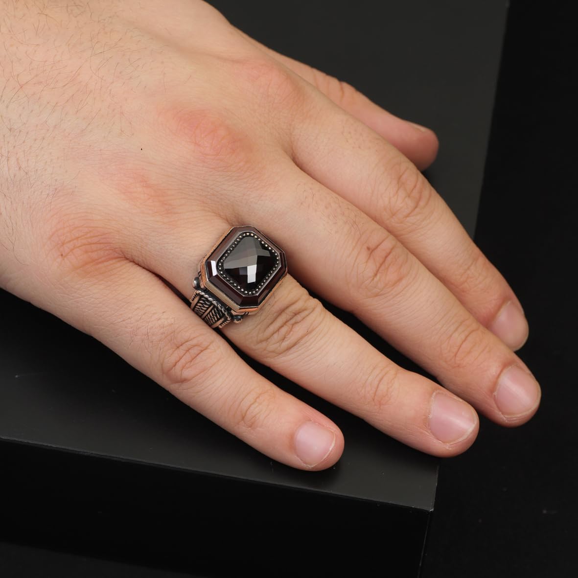 Handmade Vintage Garnet Ring - Men's 925 Sterling Silver Gemstone Ring - Turkish Design