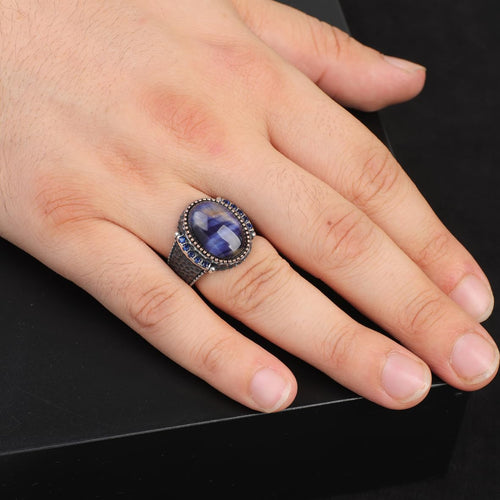 Blue Tiger Eye Pinky Ring for Men