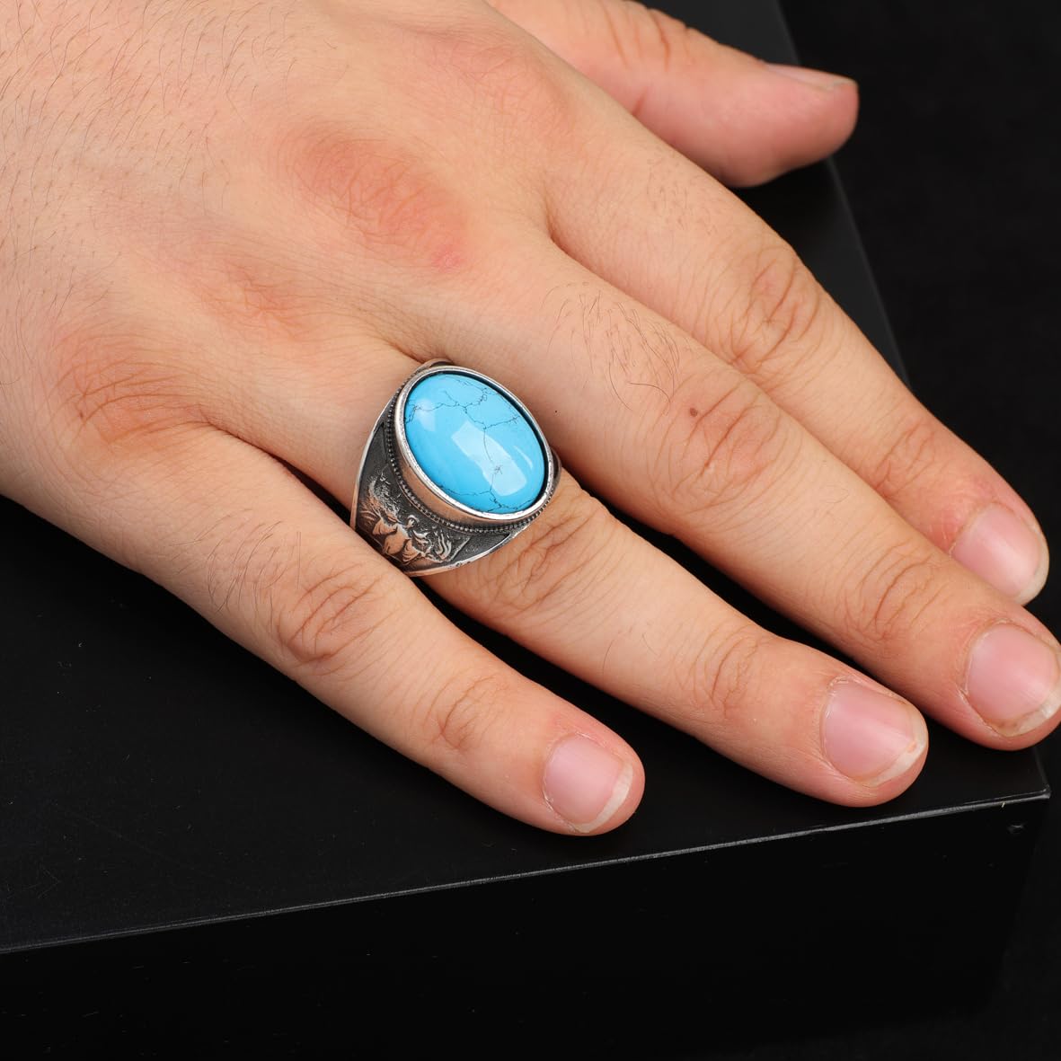 Virgin Mary Signet Ring with Genuine Turquoise - Vintage Oval Stone Gemstone Ring for Men