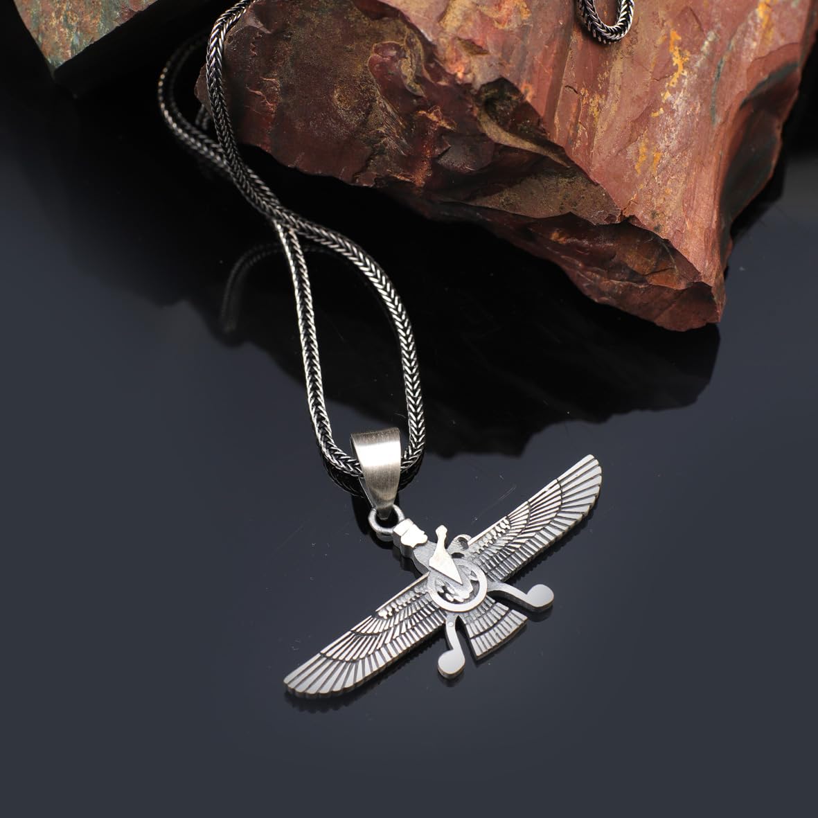 American Eagle Pendant Necklace in Sterling Silver - Men’s Gothic - Biker Style with Silver Chain & Cleaning Cloth Gift