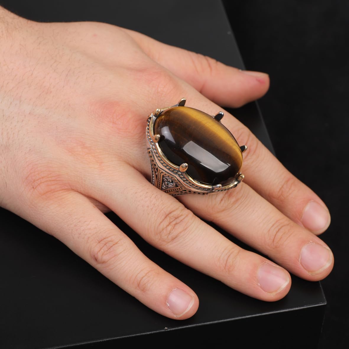 Vintage Style Tiger Eye Ring with Oval Gemstone - Handmade Ottoman Ring