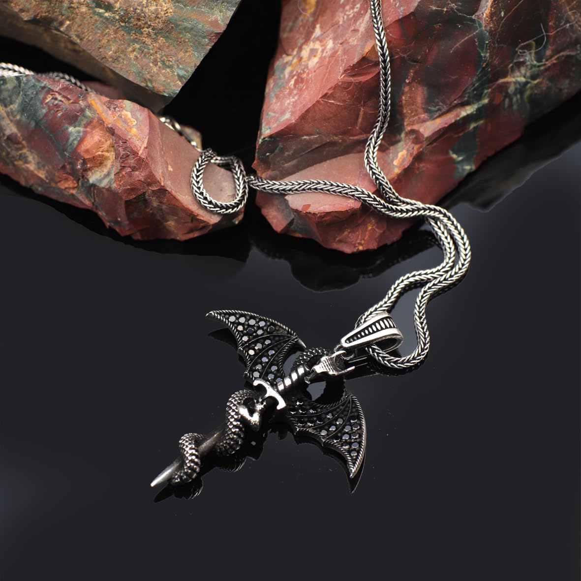 Sterling Silver Dragon Necklace with Sword Pendant – Gothic Mens Necklace with Silver Chain – Handmade Silver Necklace & Mens Pendant