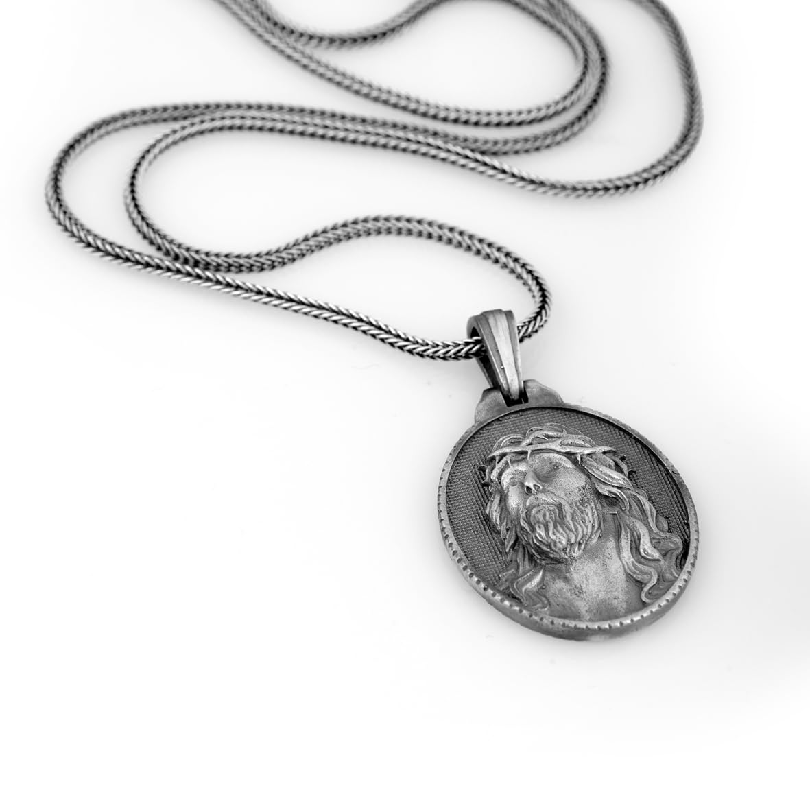 Handmade Jesus Necklace - Christian Sterling Silver Necklace for Men with Gothic Oxidized Chain and Silver Polishing Cloth Gift