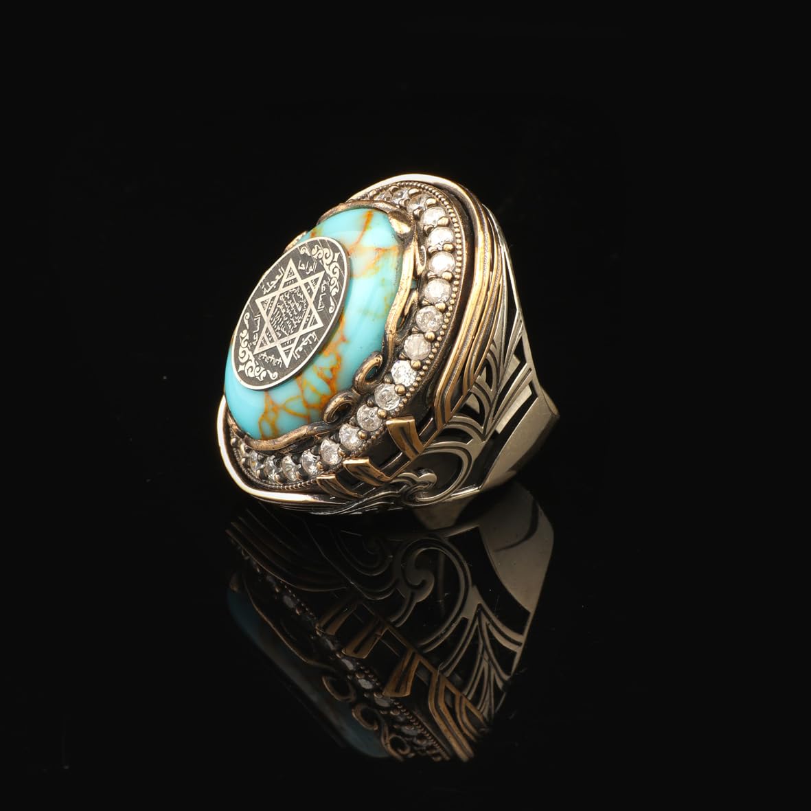 Solomon's Seal Signet Ring Mens Turquoise Large Statement Whiskey Barrel Chunky Silver Ottoman Vintage 925 Sterling Promise Engagement Gemstone Gift