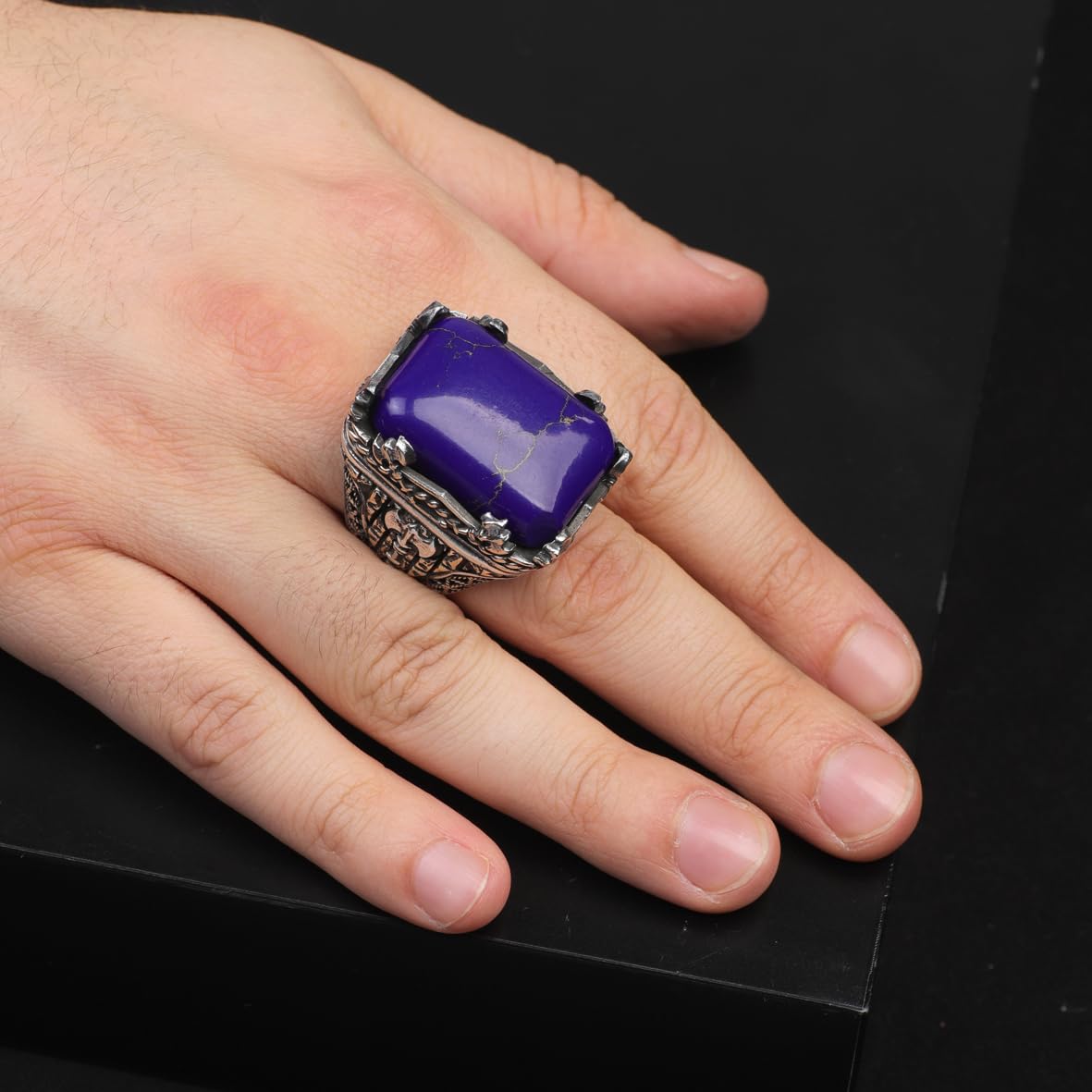 Vintage Large Lapis Lazuli Ax Ring for Men - 925 Sterling Silver Turkish Handmade Polished Engagement Ring with Silver Polishing Cloth Gift