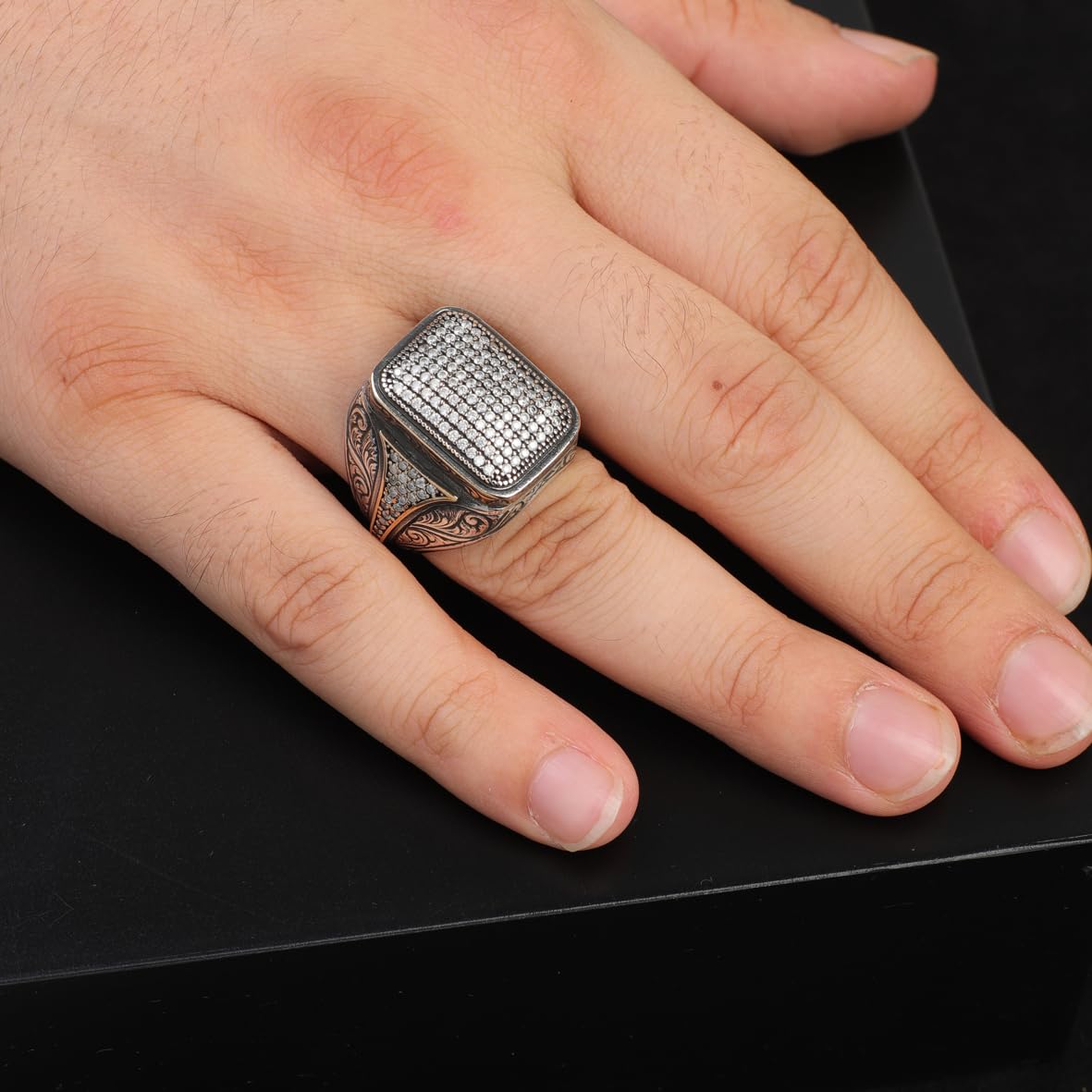 Vintage White Sapphire Micro Stone Ring - 925 Sterling Silver Men's Polished Gemstone Statement Ring