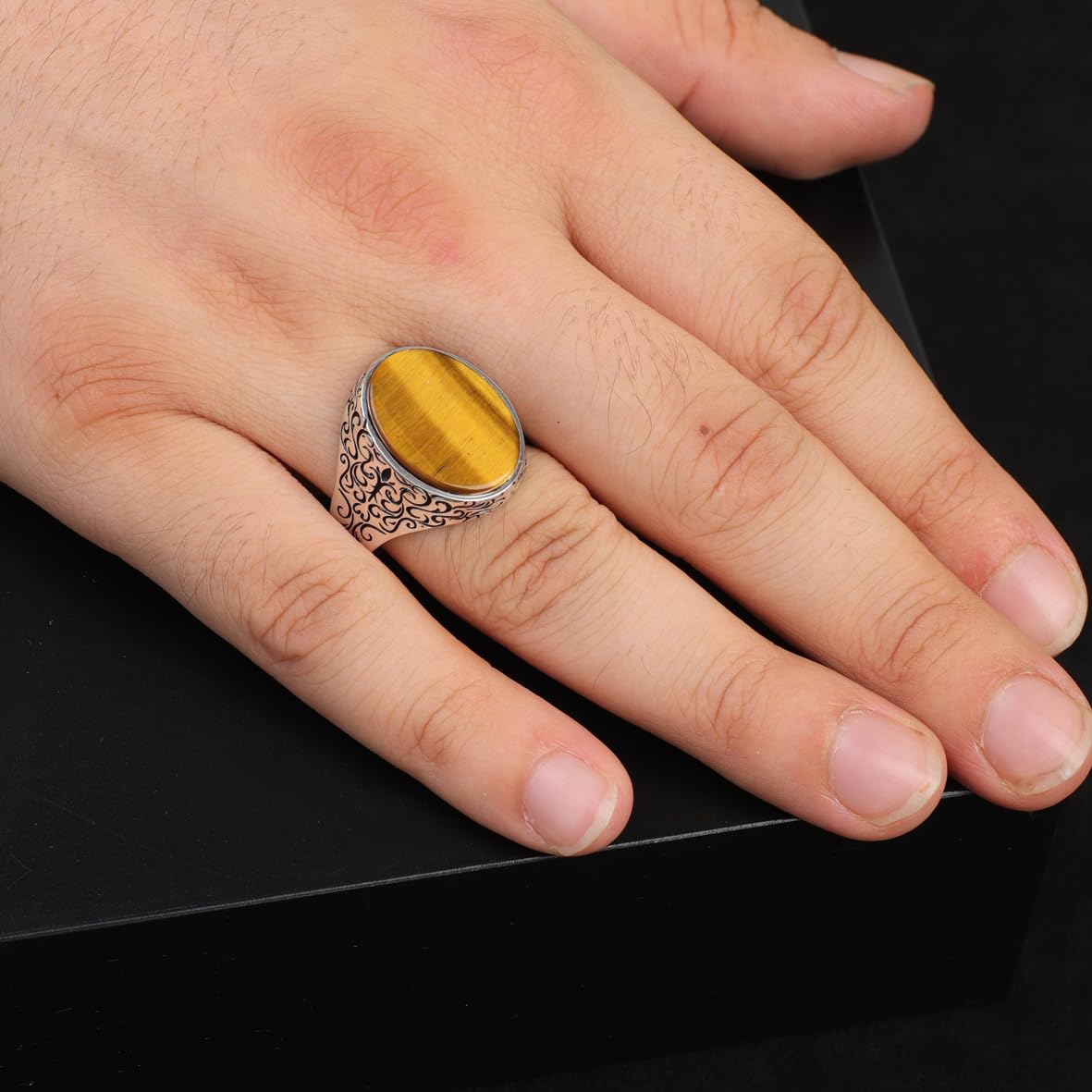 Handmade Vintage Tiger Eye Ring for Men - Oval Gemstone in Polished 925 Sterling Silver