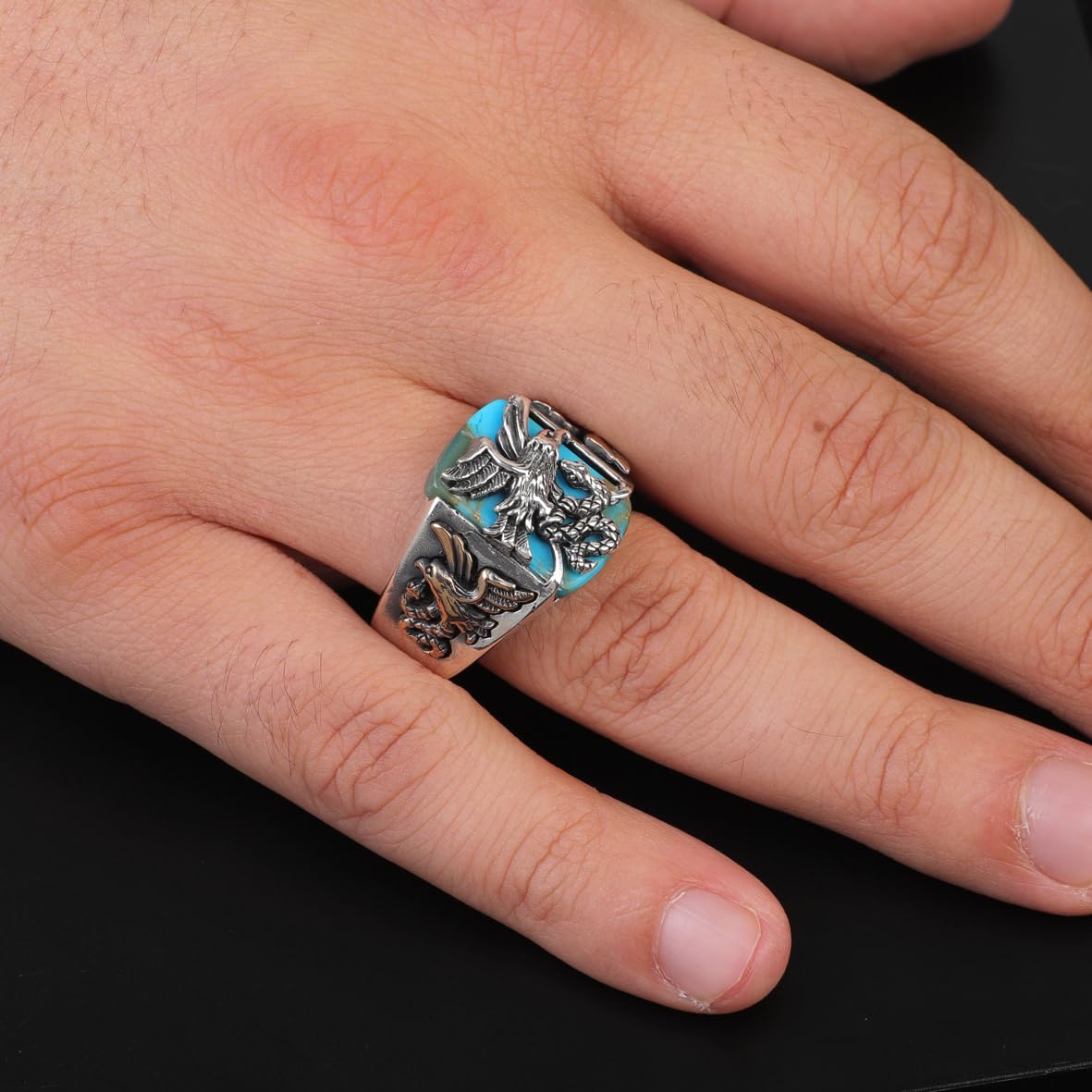 Handmade Snake Ring with Eagle Model - Men's Turquoise Signet Pinky Ring in Sterling Silver - Custom Engraving Vintage Engagement Ring - Gift Silver Polishing Cloth Included
