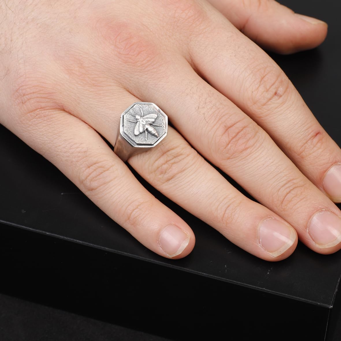 Handmade Bee Signet Ring - 925 Sterling Silver Men's Jewelry