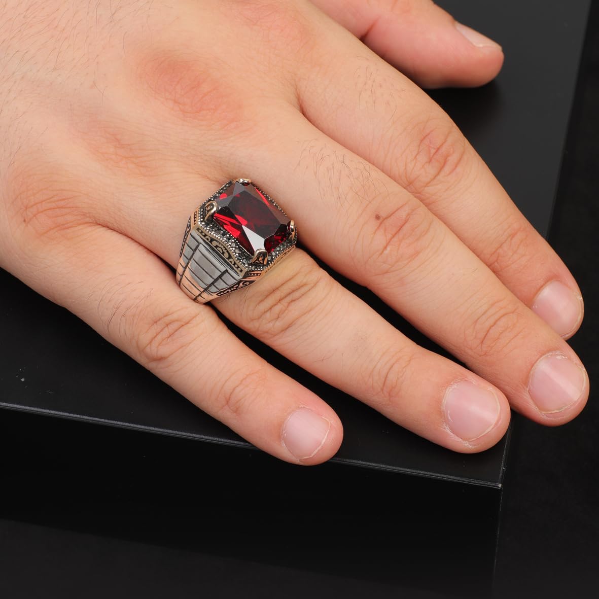 Vintage Garnet Gemstone Watch Band Ring – Ottoman Style Handmade Sterling Silver Ring for Men