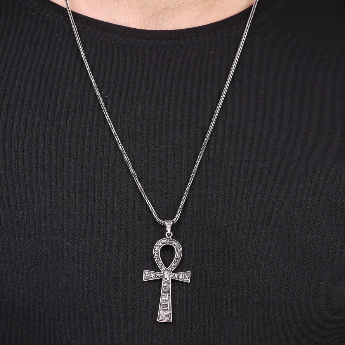 Sterling Silver Men's Cross Necklace with Egyptian Hieroglyphic Symbols - Complete with Silver Chain - Birthday Gifts
