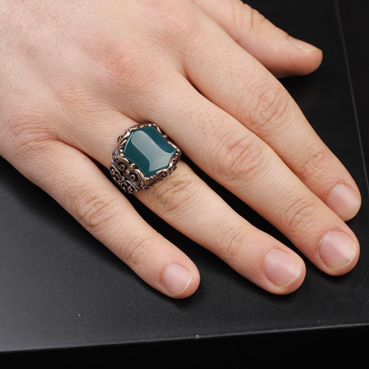 Handmade Jade Ring in Ottoman Style - 925 Sterling Silver Men's Gemstone Jewelry