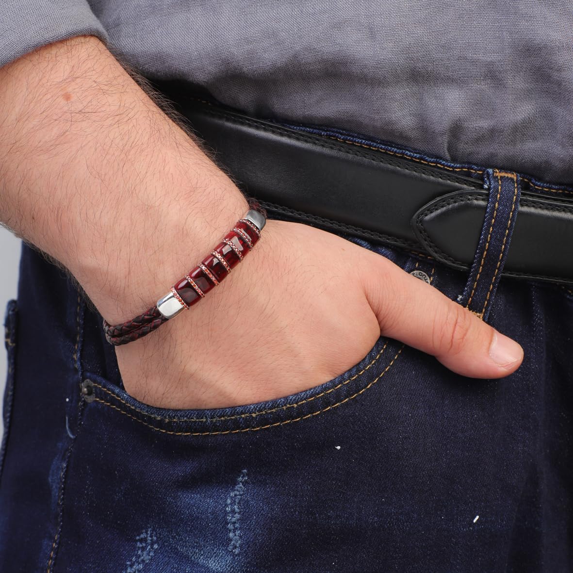 Vintage Men Leather Bracelet with Natural Ruby Stone in Sterling Silver – Personalized