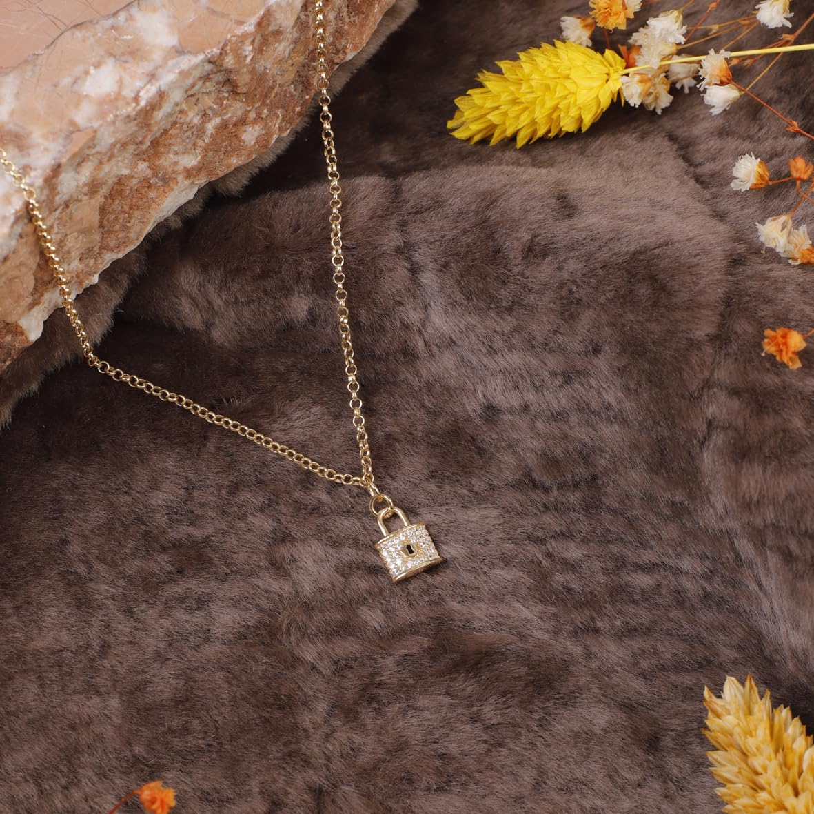 Sterling Silver Lock Necklace with Zircon Stone for Women - Lock Necklace with Zircon Stone in Gold Jewelry for Women - Cute Lock Necklace featuring Zircon Stone in Aesthetic Jewelry