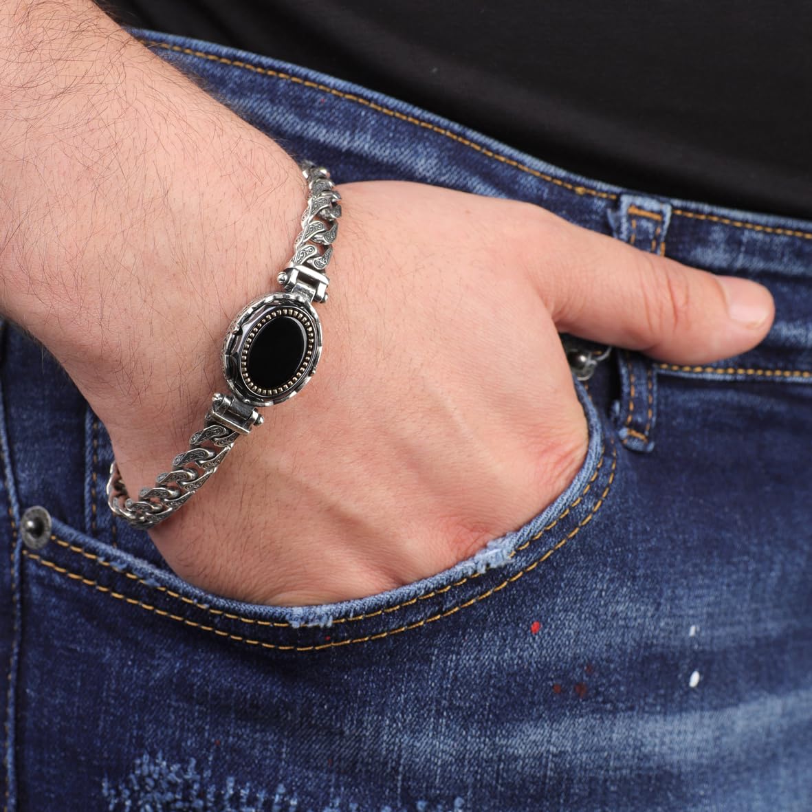 Made to Order Personalized Gothic Vintage Pattern 925 Sterling Silver Chain Bracelet for Men with Oval Onyx Gemstone - Hand-Engraved Handmade Bracelet