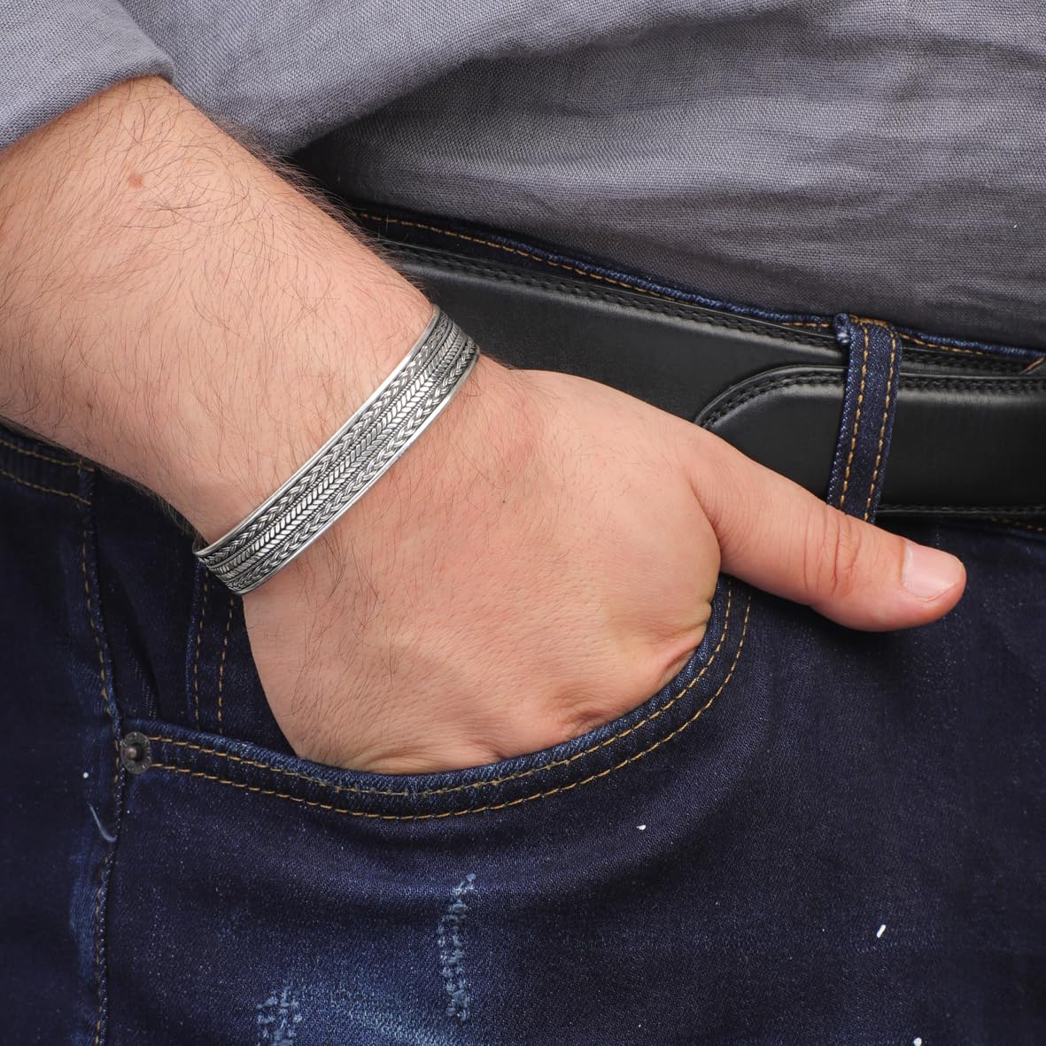 Handmade Silver Cuff Bracelet for Men – Thick Sterling Silver Band with Embroidered Vintage Design