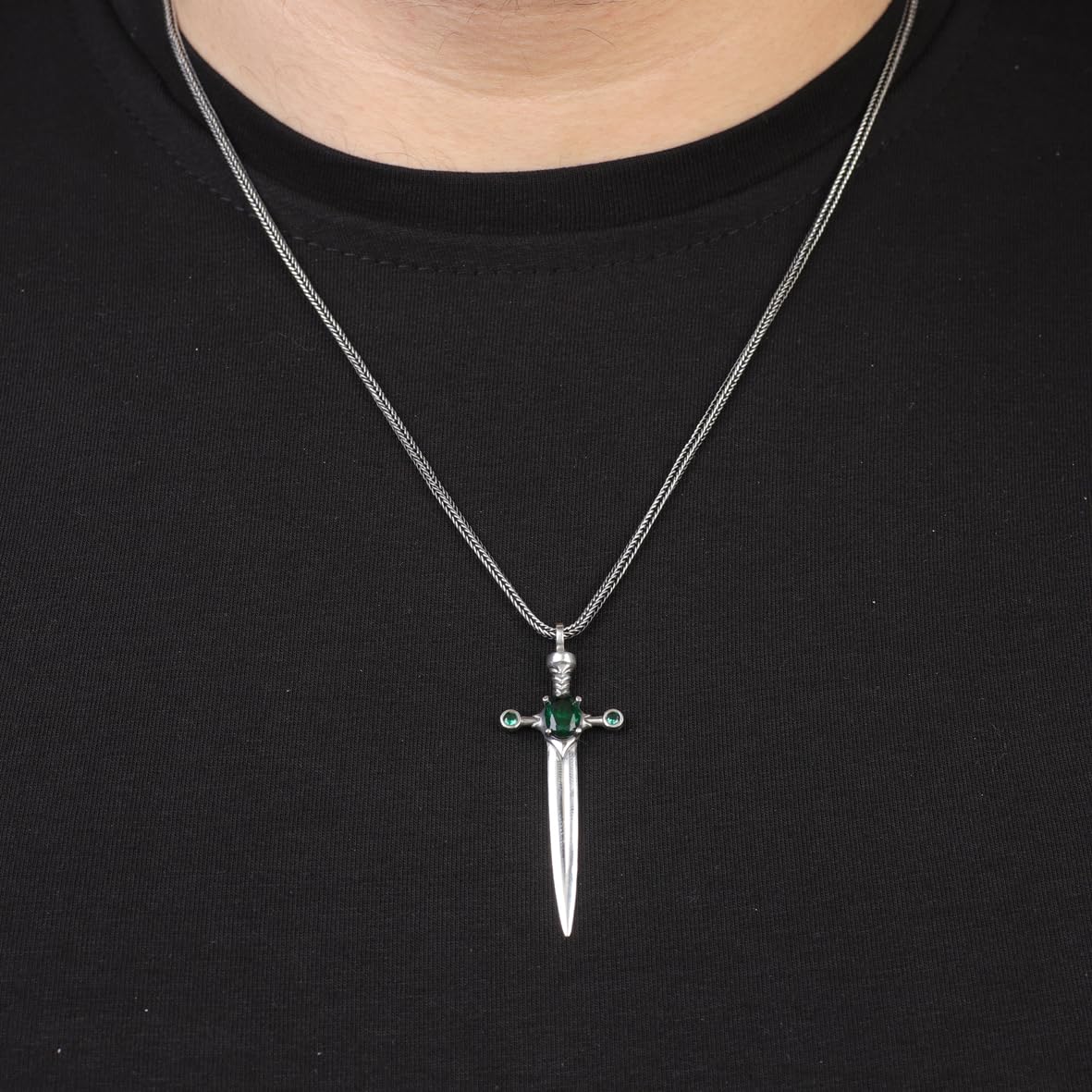 Sterling Silver Sword Necklace with Emerald Gemstone – Polished Biker Pendant on Silver Chain