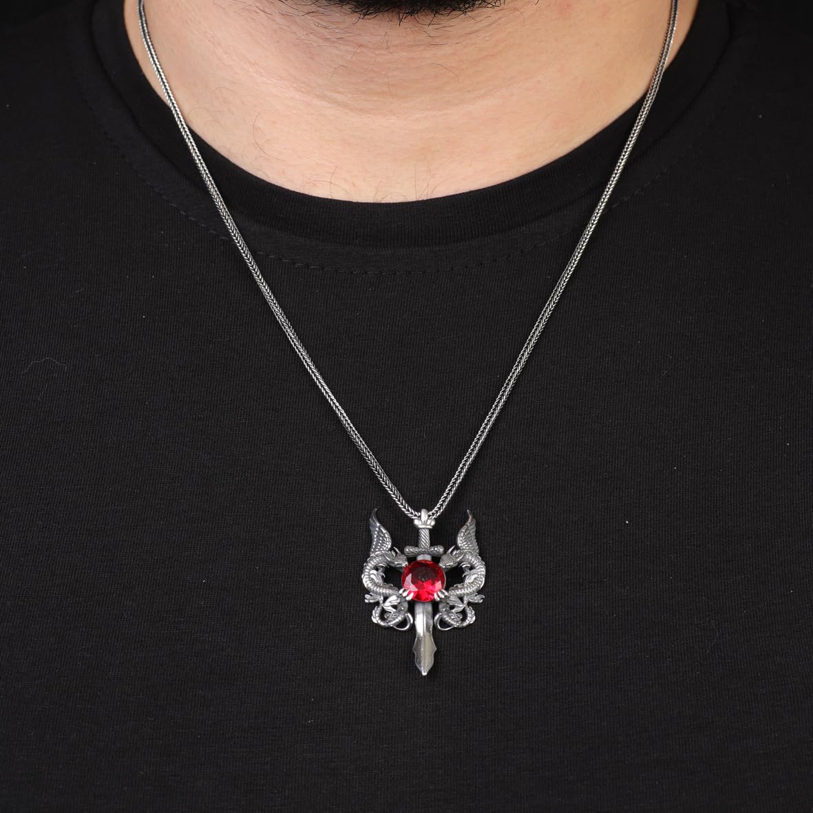 Sterling Silver Dragon Necklace with Sword - Garnet Pendant – Men’s Gothic Pendant Necklace with Silver Chain & Silver Cleaning Cloth Gift