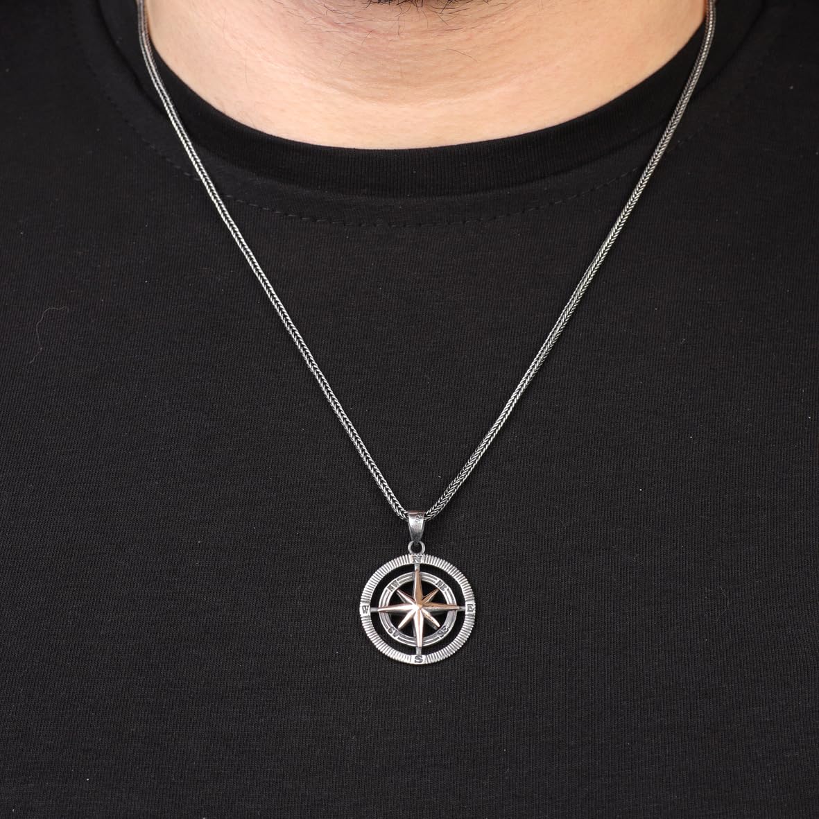 Sterling Silver Compass Necklace – Gothic Polished Mens Pendant – Biker Necklace with Silver Chain – Unique Mens Necklace